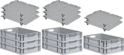 Produktbild von SuperSparSet 8x Eurobox NextGen Economy mit Auflagedeckel und 4x Schiebeschnappverschlüsse Schwarz | Griffe offen | HxBxT 12x40x60cm | 23 Liter | Eurobehälter, Transportbox, Transportbehälter, Stapelbehälter