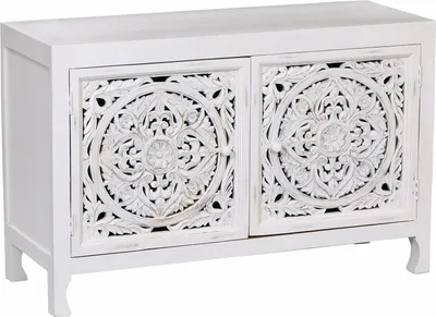 Immagine prodotto di Milani Home - madia credenza in legno di mango bianco decapato 125 x 45 x 80 cm, 2 ante, con lavorazione intagliata