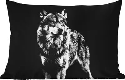 Produktbild von MuchoWow® Outdoor Kissen - Wolf - Tiere - Wild - Schwarz - Weiß - 50x30 cm - Wetterfest - Lounge Kissen - Sofa kissen - Wohnzimmer Dekoration