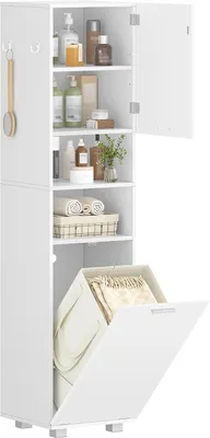 Produktbild von Badezimmerschrank mit Wäschekorb, verstellbaren Regalen | Wäscheschrank, Badschrank Hochschrank, Aufbewahrungsschrank für Badezimmer und Waschküche, 40 x 40 x 170 cm, Weiß BC72003X