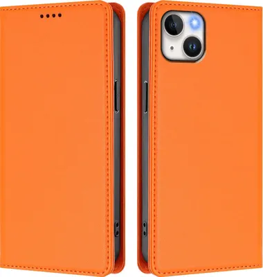 Image de Etui en cuir pour iPhone 14 Plus, étui magnétique en cuirPolyuréthaneavec support Orange