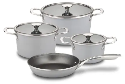 Imagen del producto de Juego de utensilios de cocina – Apto para todo tipo de cocinas, incluyendo inducción – Marca GSW – Modelo STRATOS – Acero esmaltado – 7 piezas – Color gris