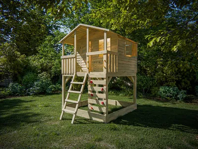 Produktbild von Belladoor Stelzenhaus Henry Braun Grün, Kesseldruckimprägniertes Kiefernholz Stelzenhaus, Mit Sandkasten Veranda Kletterwand Leiter, Stabiles Spielhaus Für Kinder Garten