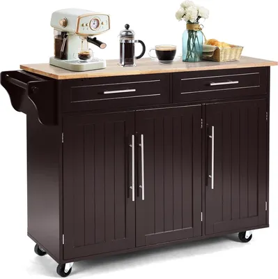 A kitchen cart with coffee-making items on top.