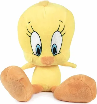 A plush toy of the Looney Tunes character Tweety Bird is sitting on a white background.