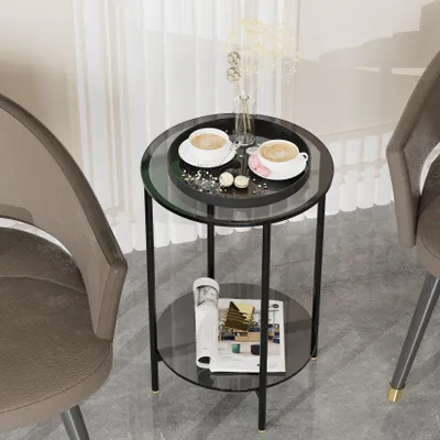 Image de Table basse ronde en verre Vrygle : table d'appoint à 2 étagères - Table de salon stable en verre trempé robuste, table d'appoint ronde en verre Ø 40 cm