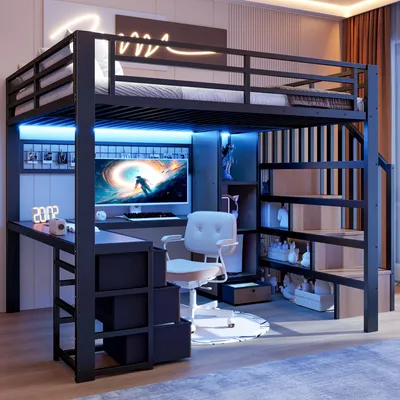 Immagine prodotto di Letto a castello Merax 140x200 cm, letto per bambini con scrivania e luce LED, scala con vano contenitore, 3 cassetti, letto per ragazzi, letto a castello in metallo, nero