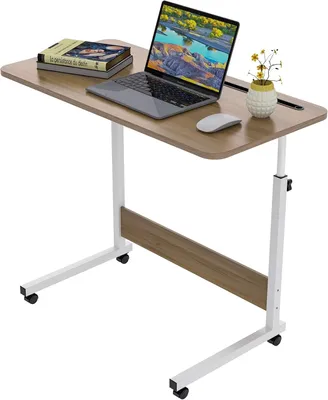 A mobile, height-adjustable laptop table with a wooden top and white metal legs, shown on a white background.