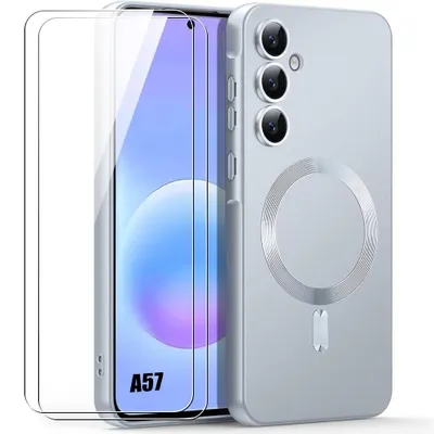 Image de Coque + 2 Verres Trempés pour Samsung Galaxy A57 5G, Silicone avec Cercle Magnétique Argenté