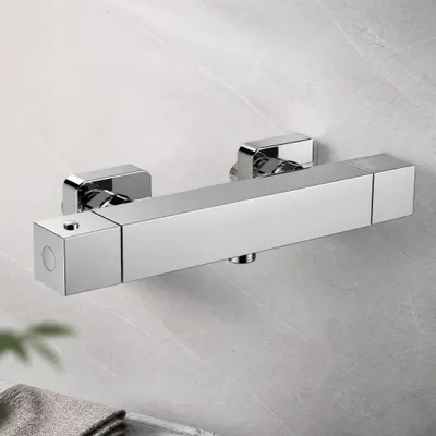 Produktbild von Auralum Duscharmatur Thermostat, eckige Mischbatterie Dusche Chrom, Aufputz Duschthermostat mit 38 °C Sicherheitssperre fürs Bad