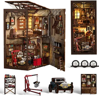Image de Habarri | DIY Book Nook - Voiture ancienne - Puzzle 3D - Kit maison miniature avec meubles et lumière LED - Kit coin de livre