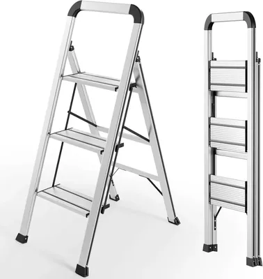 Image de Escabeau en aluminium avec main courante - Échelle de ménage pliable à 3 marches - Antidérapante - Légère - Capacité de charge : 150 kg - Hauteur : 44–103 cm - Argent