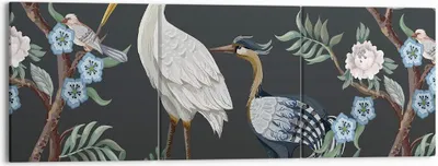 Produktbild von Bild auf Leinwand - Leinwandbild - 3 Teile - Asiatisch Reiher Blumen - 150x50cm - Wand Bild - Wanddeko - Wandbilder - Leinwanddruck - Bilder - Wanddekoration - Leinwand bilder - CA150x50-4699