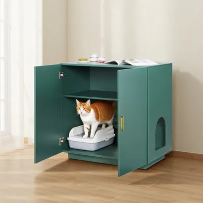 Produktbild von Katzenklappe – Modernes Katzenhaus aus Holz mit Belüftung – Doppeltür und Stauraum – 80x50x79 cm