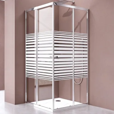 Produktbild von doporro Duschkabine 75x100cm Eckeinstieg Schiebetür Duschabtrennung Inklusive. Duschwanne Milchglas Streifen Eckdusche ESG Glas Höhe 190cm Rav16MS plus