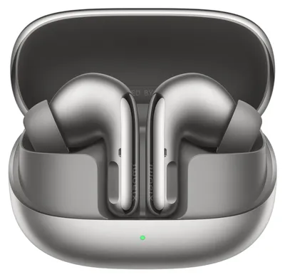 A pair of gray wireless earbuds in their charging case.