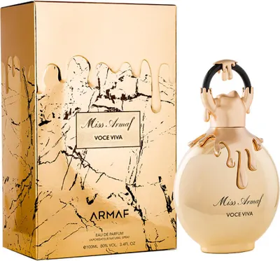 A perfume bottle and its packaging are displayed against a white background.