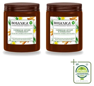 Obrázek produktu pro 2 svíčky Botanica od Air Wick – vůně vetiveru a santalového dřeva – balení obsahuje 2 kusy