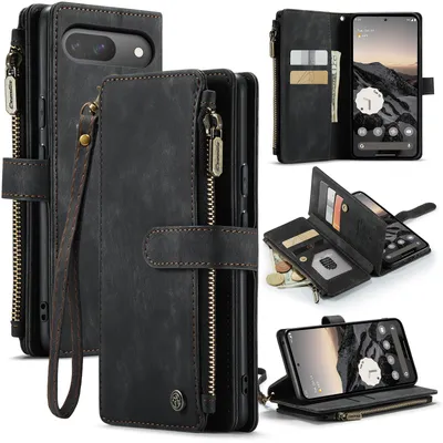 Image de Étui en cuir pour Google Pixel 10 / Pixel 10 Pro, étui en cuirPolyuréthaneavec fermeture magnétique, pochette pour cartes, support, étui portefeuille Noir