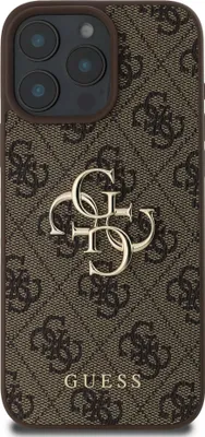 Produktbild von Guess, Hülle für iPhone 16 Pro mit Monogramm und 4G-Logo aus Metall, Dunkelbraun