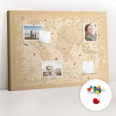 Obrázek produktu pro Korková nástěnka s kolíčky - Tabule s kolíky pro fotografie a poznámky - 100x70 cm - Připínáčky barevné 100 kusů - Vintage mapa světa