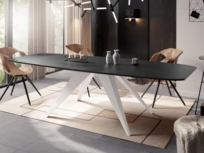 Produktbild von Ausziehbarer Esstisch im Loft-Stil - Industrieller Tisch mit Weißen Metallbeinen - Modernes Design für Wohnzimmer - 180 cm Ausziehbar auf 220 cm - Schwarz