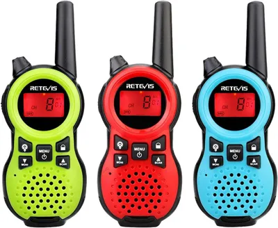 Three colorful walkie-talkies are displayed side-by-side against a white background.