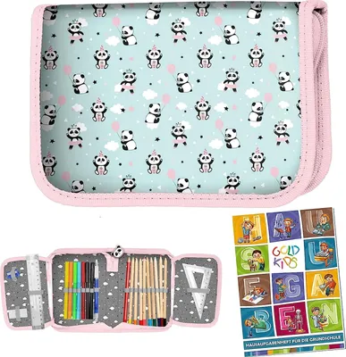 Produktbild von Federtasche Panda Federmappe Federmäppchen 22-teilig gefüllte Schüleretui Stifte und Pinsel inkl. Aufgabenheft Federbox Etui Stiftetasche Schlamper-Etui Schul-Etui