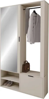 A hallway wardrobe set with a mirror, coat rack, and storage compartments.