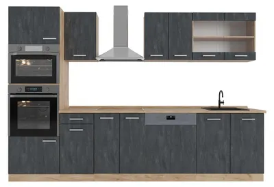 Produktbild von Küchenzeile Vicco R-Line Schwarz Beton/Goldkraft Eiche 300 cm ohne Arbeitsplatte, Model 47355
