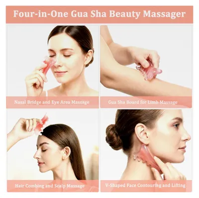 Produktbild von 2 Stück Gua Sha Schönheitsmassagegeräte, 4-in-1 Multifunktionaler Gua Sha Massagekamm, Gesichtsmassage Stein aus Rosenquarz, Gua Sha Gesichtspflegegerät für Augen, Kieferformung, Kopfpflege, Triggerpunkttherapie