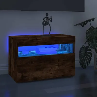 A modern media console with blue LED lighting in a living room setting.