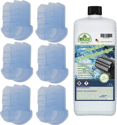 Produktbild von 6 Kartuschen und 1L Scherkopfreiniger passend für Braun Reinigungsstationen