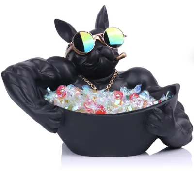 Französische Bulldogge Statue mit Tablett, 25 cm, schwarz, Harz