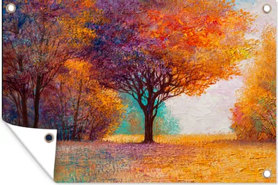 Produktbild von MuchoWow® 120x80 cm Outdoor-Poster Gartendeko Sichtschutz Garten Poster für den Garten  Ölgemälde - Baum - Farben