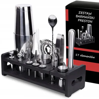 Produktbild von Bartender-Set – 17-teiliges Cocktail-Shaker- und Bar-Set aus Edelstahl mit Bambus-Ständer