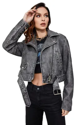 Produktbild von LY VAREY LIN Kurze Damenjacke aus Kunstleder, Revers, Reißverschluss, Biker-Kurz