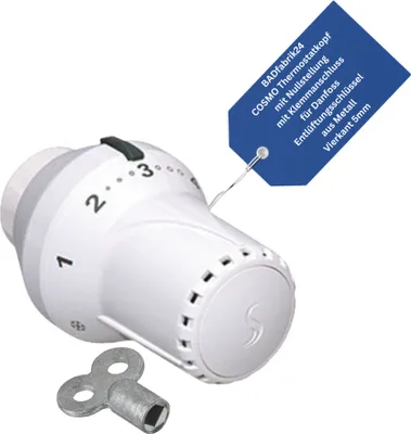 Produktbild von BADfabrik24 COSMO Thermostatkopf mit Nullstellung mit Klemmanschluss für Danfoss + Entlüftungsschlüssel aus Metall, Vierkant 5mm 1 Stück