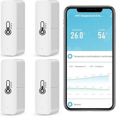 Produktbild von Smarte WiFi Thermometer Hygrometer, Bluetooth Innen und Außentemperatur Feuchtigkeitssensor, Alexa App Fernbedienung für Zuhause. 4 Pack