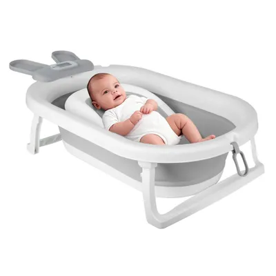 Produktbild von Faltbare XL Baby Badewanne mit Rutschfestem Badewannensitz,Tragbare Baby Bathtub mit Duschhaube &Thermometer,Geburtsgeschenke 43x18x86cm Grau