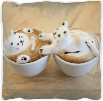 Produktbild von Wallario Premium Kissen, weiche Oberfläche, mit Motiv Süße Milchschaum Katzen auf Kaffee, Größe: 40 x 40 cm, mit weißer Rückseite