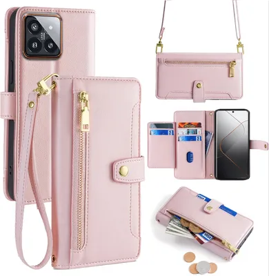 Produktbild von Handykette Xiaomi Hülle mit Band Handyhülle Kartenfächer Kunstleder Umhängetasche 14 Pro Rosa