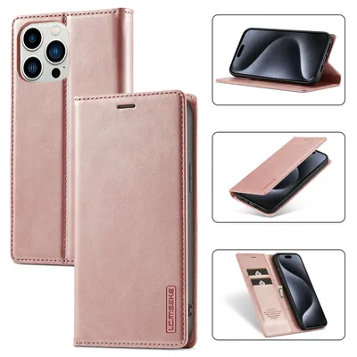 Immagine prodotto di Custodia in pelle per iPhone 15 Pro, con funzione stand e porta carte, custodia design a portafoglio Oro rosa