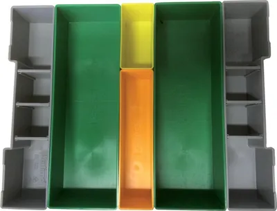 A top-down view of a modular storage system with multiple compartments.