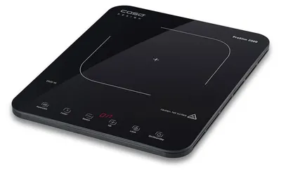 A black induction cooktop is shown from a diagonal angle on a white background.