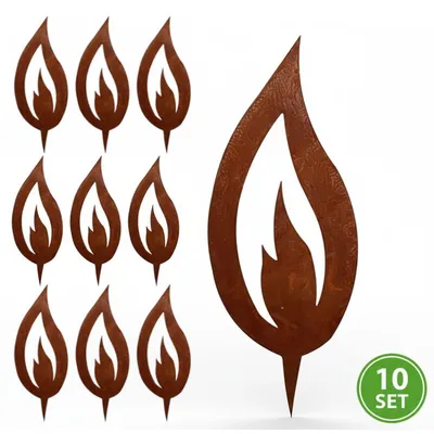 Produktbild von Rostikal 10er Deko Flamme Set Edelrost Deko rostige Flamme zum Einschlagen in Holzstamm 10 cm Dekoration Wohnzimmer modern