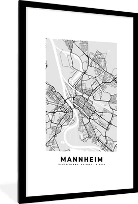 Produktbild von MuchoWow® Gerahmtes Poster Stadtplan - Manheim - Karte - Deutschland - Karte 60x90 cm - Poster mit Schwarzem Bilderrahmen Wandposter Rahmen Foto Bilder - Dekoration - Wandposter Wohnzimmer - Hochwertig