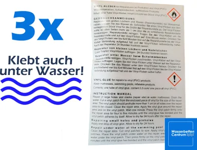A product image featuring text and graphics related to a repair kit for water-related items.
