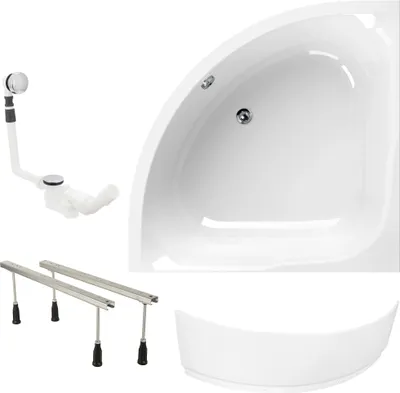 Produktbild von Calmwaters® Eckbadewanne Komplettset 120x120 cm Modern Small 2, EU, 4in1 Acryl-Wanne mit Schürze, Wannenfüßen & Ablaufgarnitur, Duowanne für 2, Set Badewanne komplett, 120 x 120, Weiß