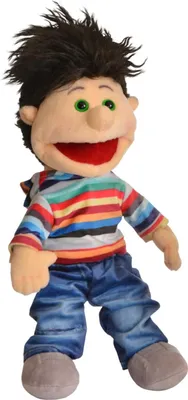 A full-body shot of a boy puppet against a white background.